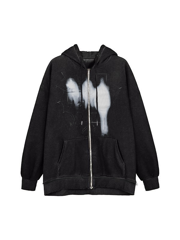 Blurred Graphic Print Zip Up Oversized Hoodie-1