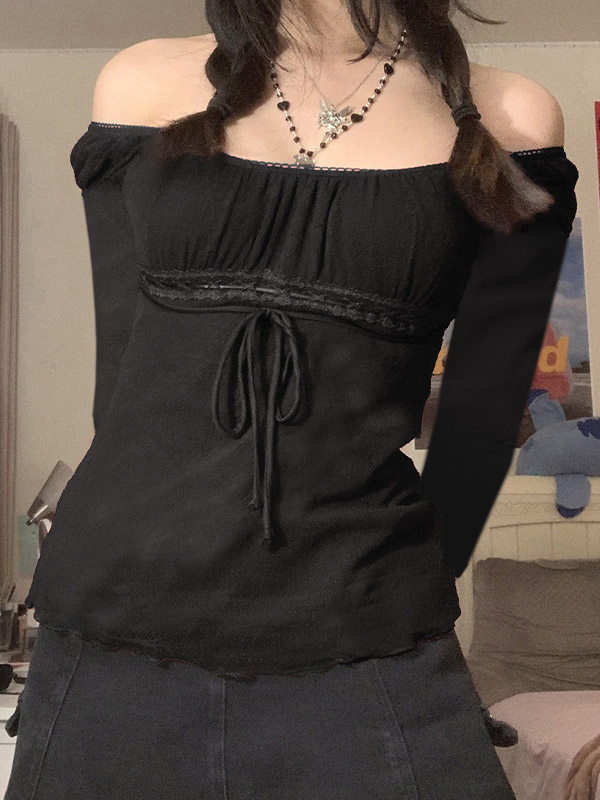 Lace Trim Tie Front Long Sleeve Blouse-1