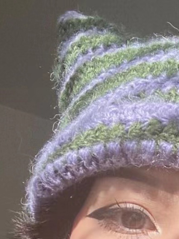 Hand Made Horn Detail Striped Knitted Beanie Hat-1