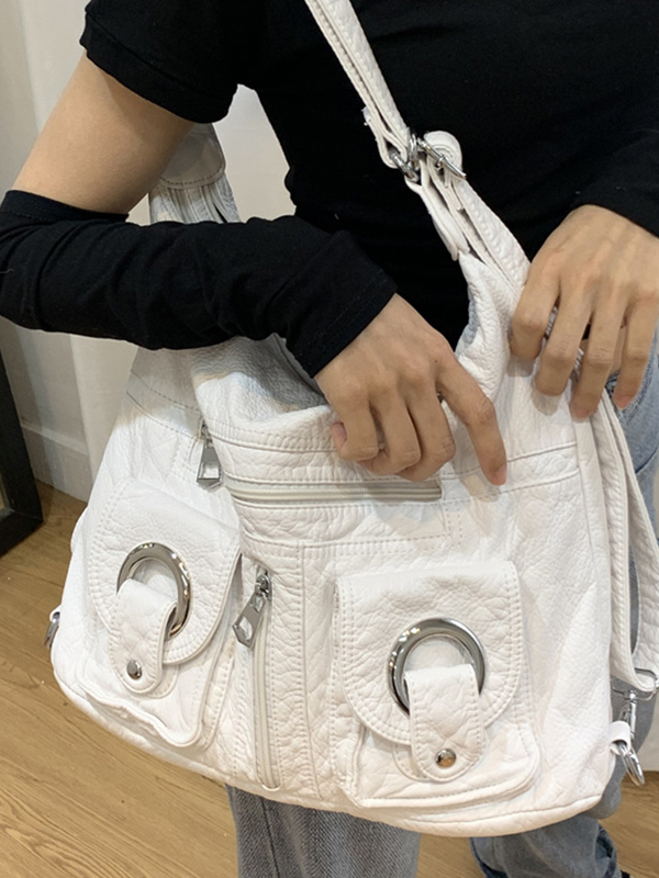 Zipper Metal Eyelet Decor Shoulder Bag-2