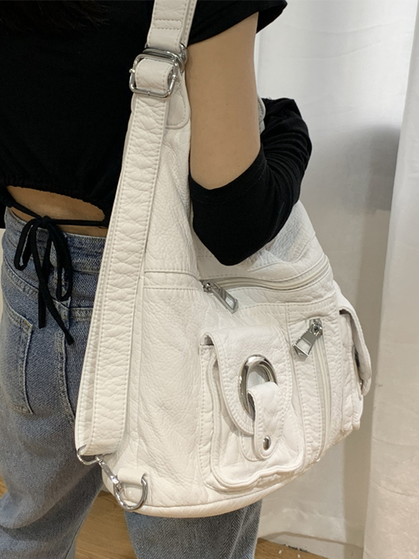 Zipper Metal Eyelet Decor Shoulder Bag-3