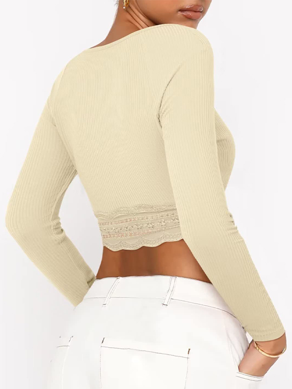 Solid Color Lace Hem Square Neck Crop Long Sleeve Knit-3