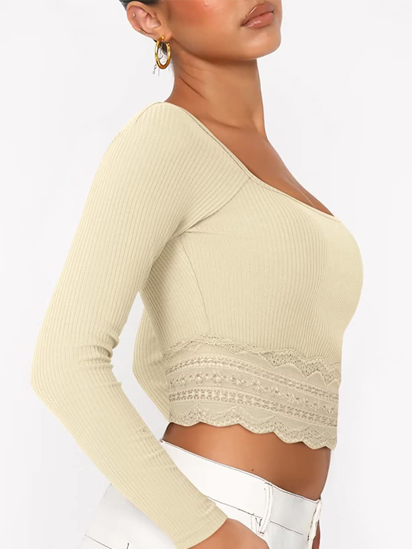 Solid Color Lace Hem Square Neck Crop Long Sleeve Knit-2