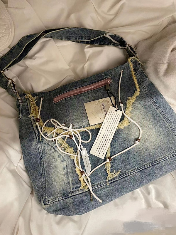 Y2K Denim Raw Detail Zip Up Tie Front Crossbody Bag-1